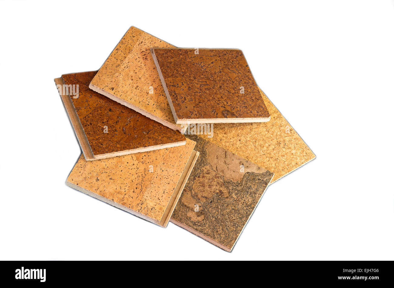 Interlocking square cork floor tiles of different textures and species