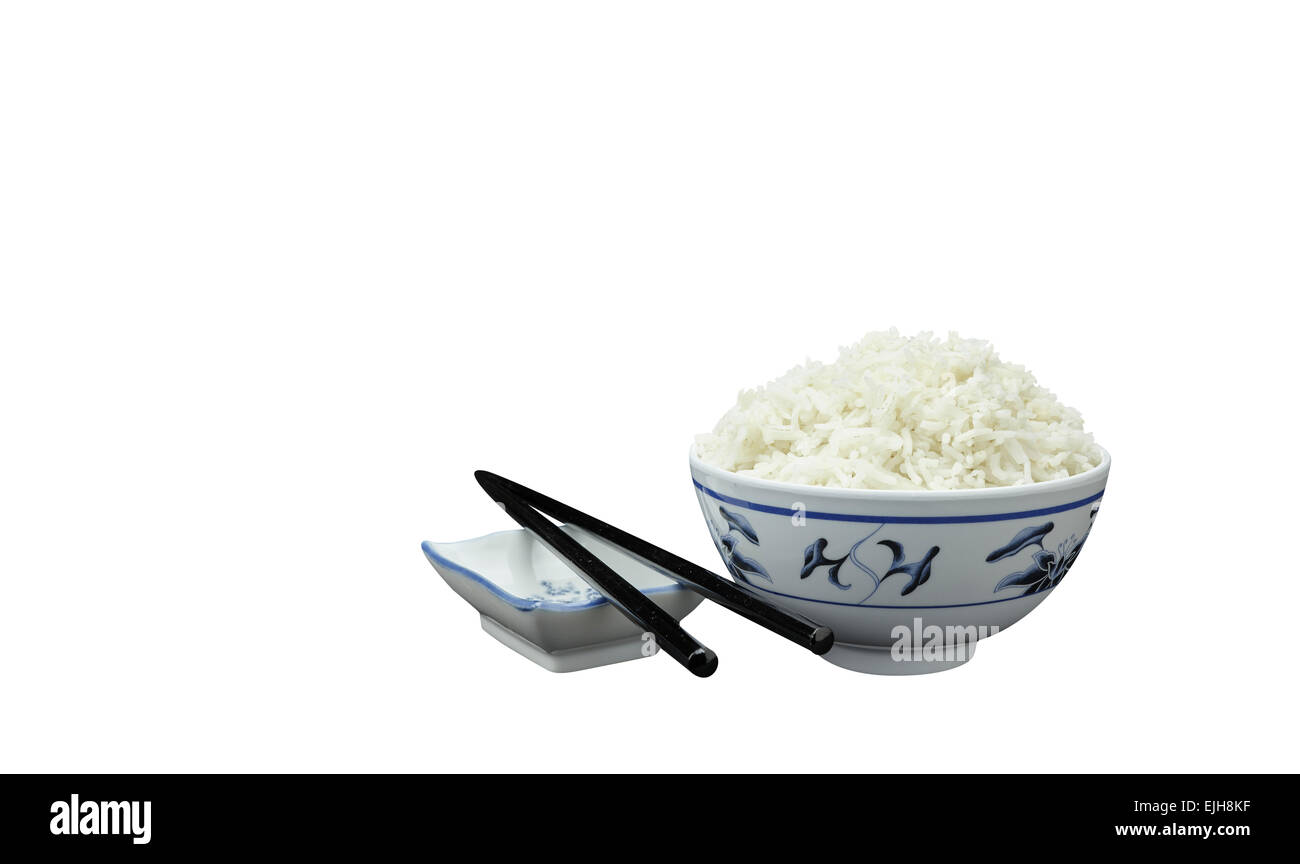 Natural Organic Rice in Oriental Bowl and Chopsticks Isolated on White Background Stock Photo