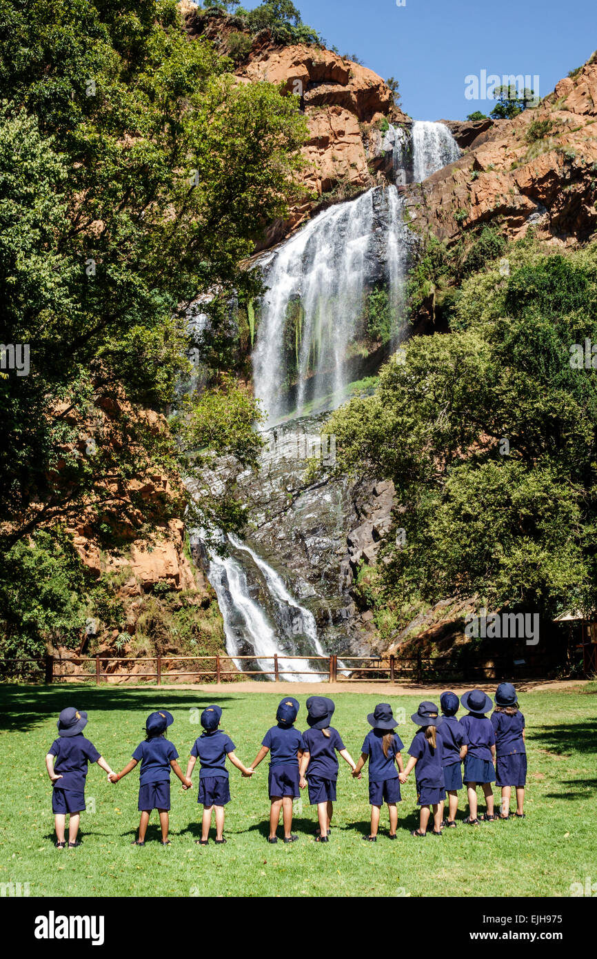 Johannesburg South Africa,Roodepoort,Walter Sisulu National Botanical Garden,Witwatersrand,Muldersdrif se Loop,Roodekrans,waterfall,cliff,river,male b Stock Photo