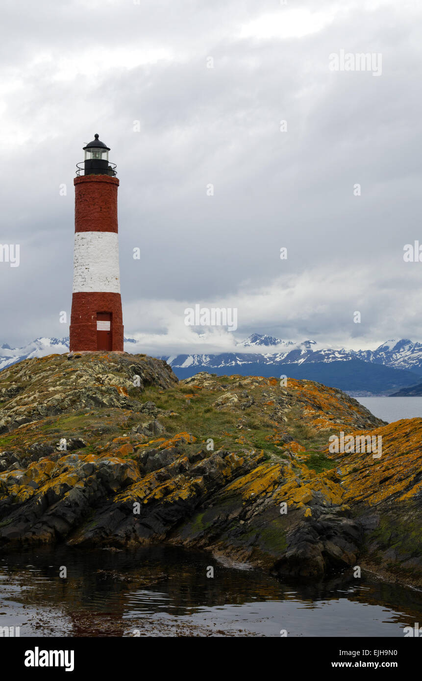 Les Eclaireurs Lighthouse on a small islet, 5 nautical miles east of Ushuaia in the Beagle Channel, Tierra del Fuego Stock Photo
