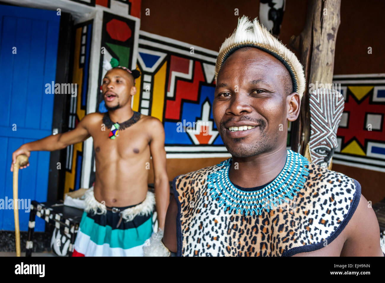 Johannesburg South Africa,Lesedi African Lodge & Cultural Village,Zulu,Xhosa,Pedi,Basotho,Ndebele,tribes,Black man men male,native regalia traditional Stock Photo