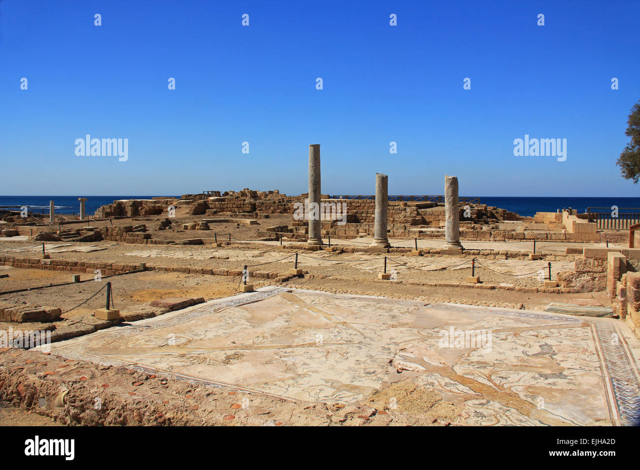 Mosaic Tile Floor and columns in Caesarea Maritima National Park, Caesarea, Israel. Stock Photo