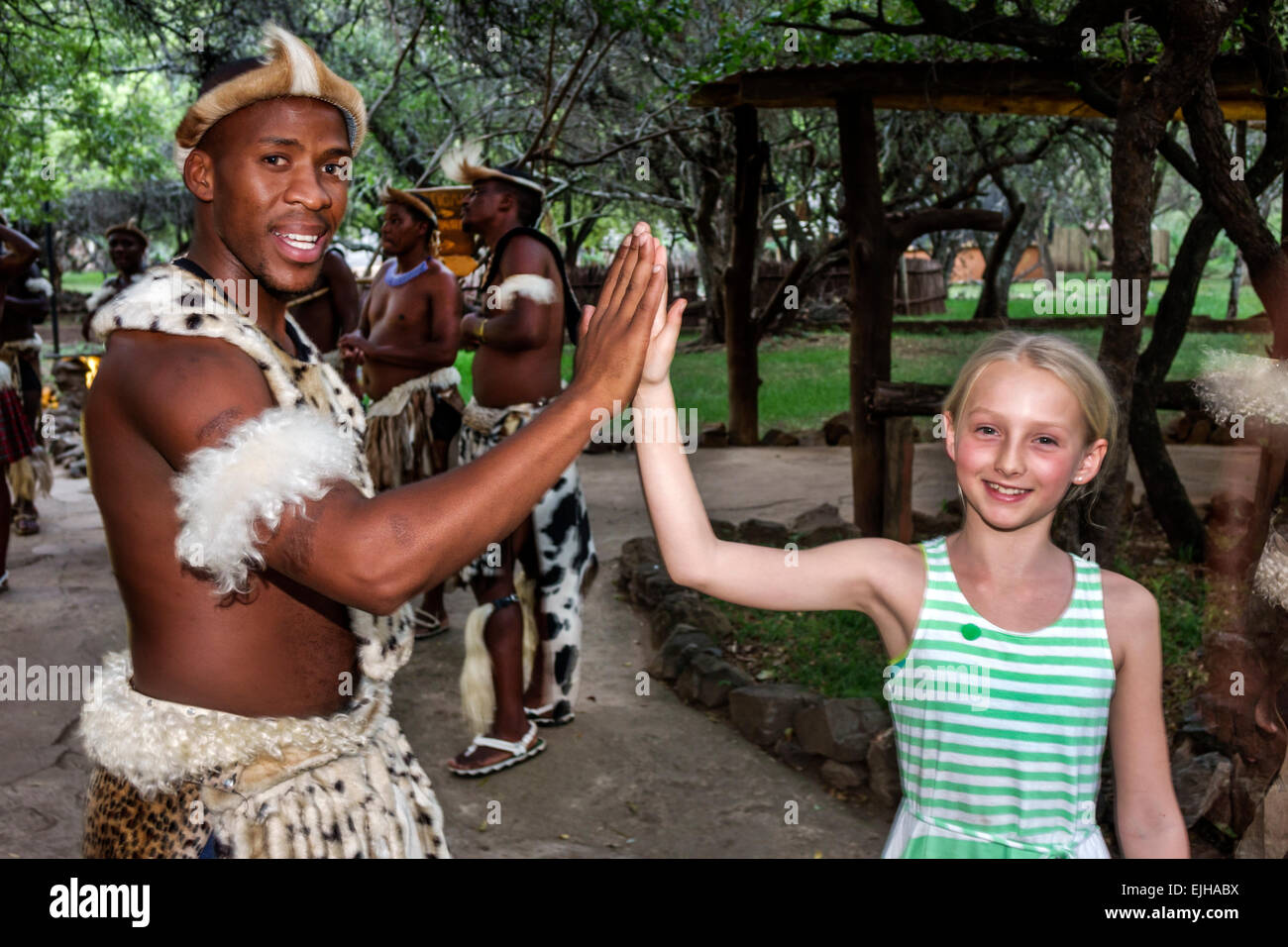 Johannesburg South Africa,Lesedi African Lodge & Cultural Village,Zulu,Xhosa,Pedi,Basotho,Ndebele,tribes,Black man men male,native regalia traditional Stock Photo
