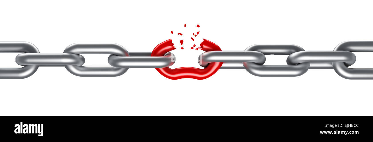 Steel chain breaking with unique red link Stock Photo