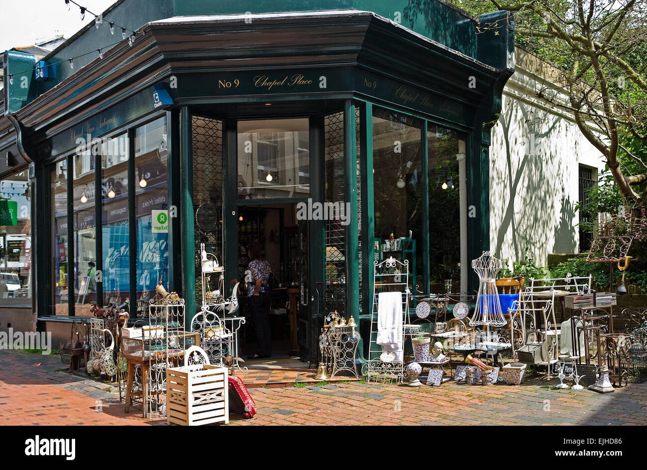 Garden furniture on display outside shop in Tunbridge Wells, Kent