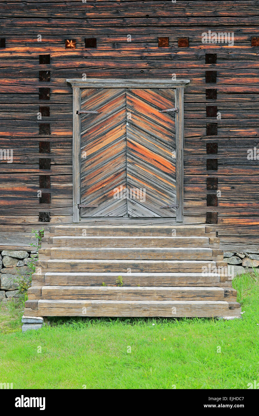 Entrance door and stairs to Petajavesi Old Church, Finland. Stock Photo