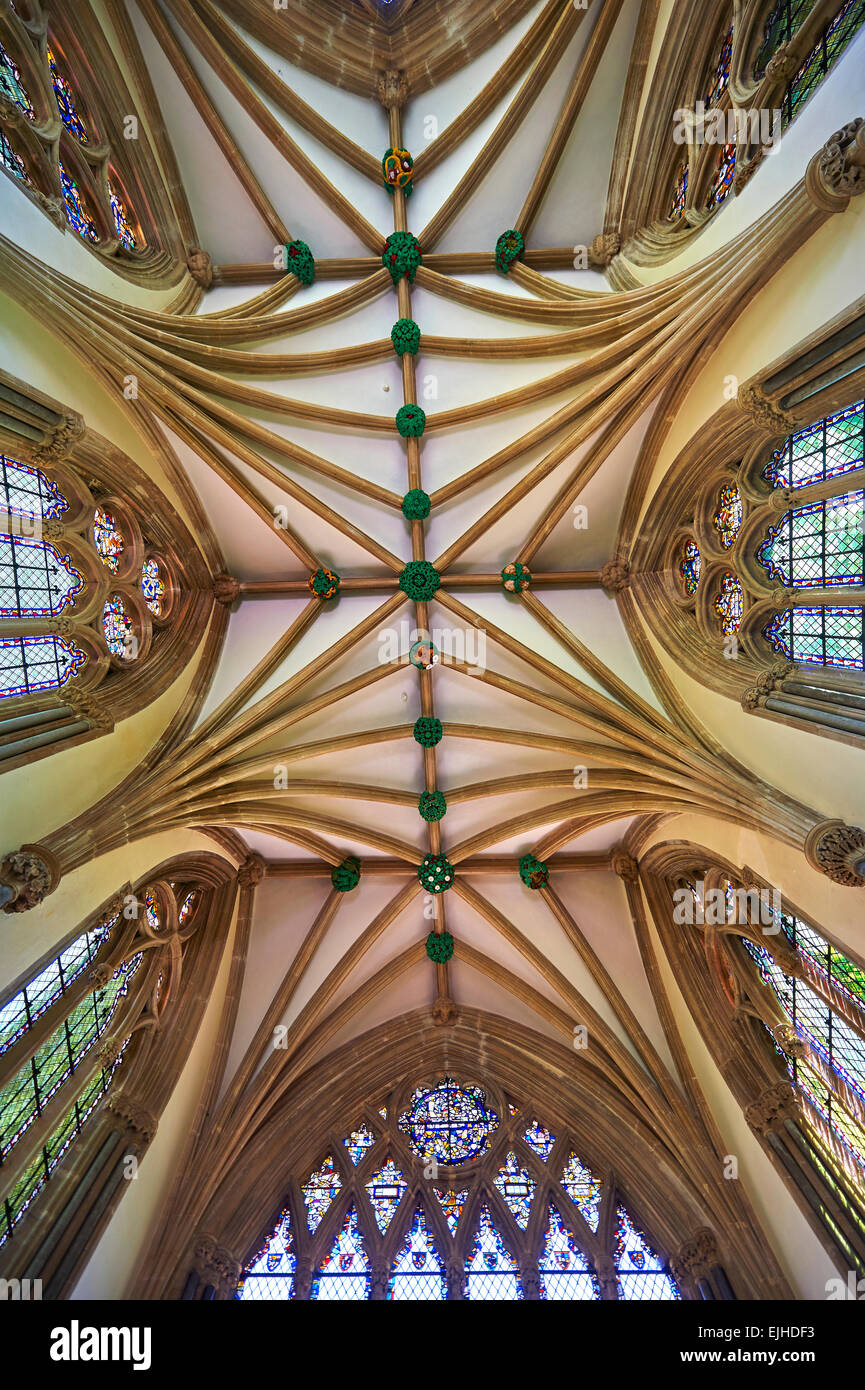 Vaulted ceiling of the chapel of the Bishops Palace of the the medieval Wells Cathedral built in the Early English Gothic style Stock Photo