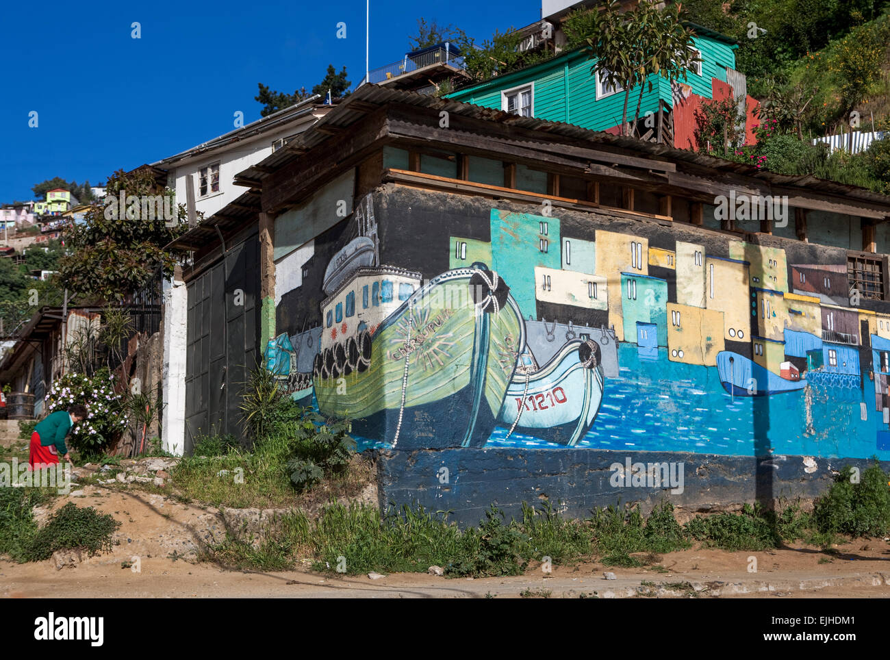 Decorative graffiti and wall art in Valparaiso, Chile Stock Photo