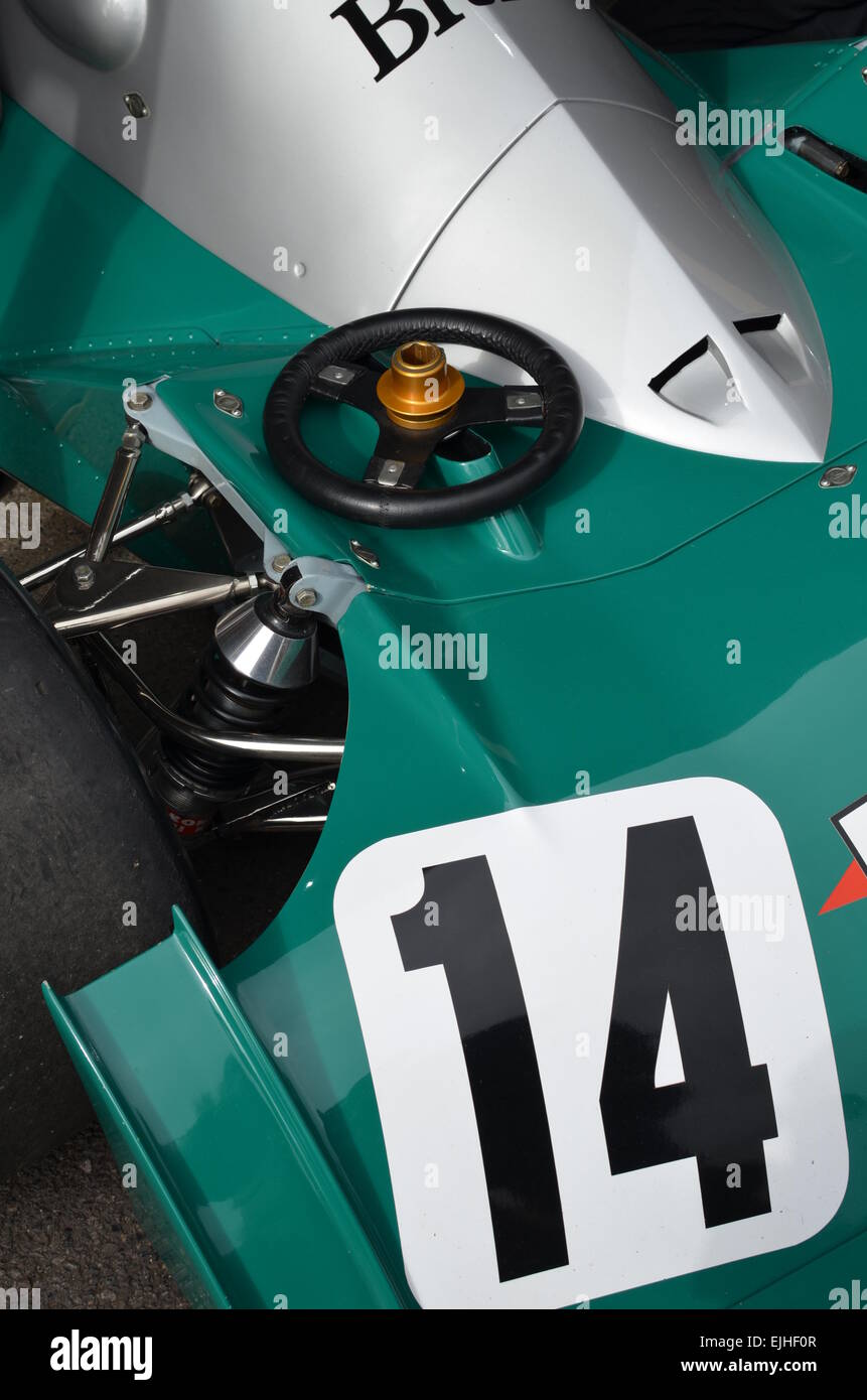 Close image shot of a mid seventies Grand Prix racing car. Stock Photo