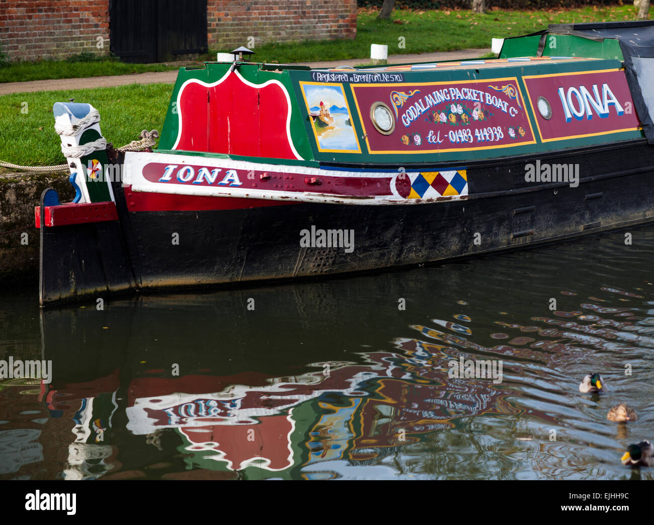 Horse-drawn canal boats on the River Wey in Godalming, Surrey, England Stock Photo