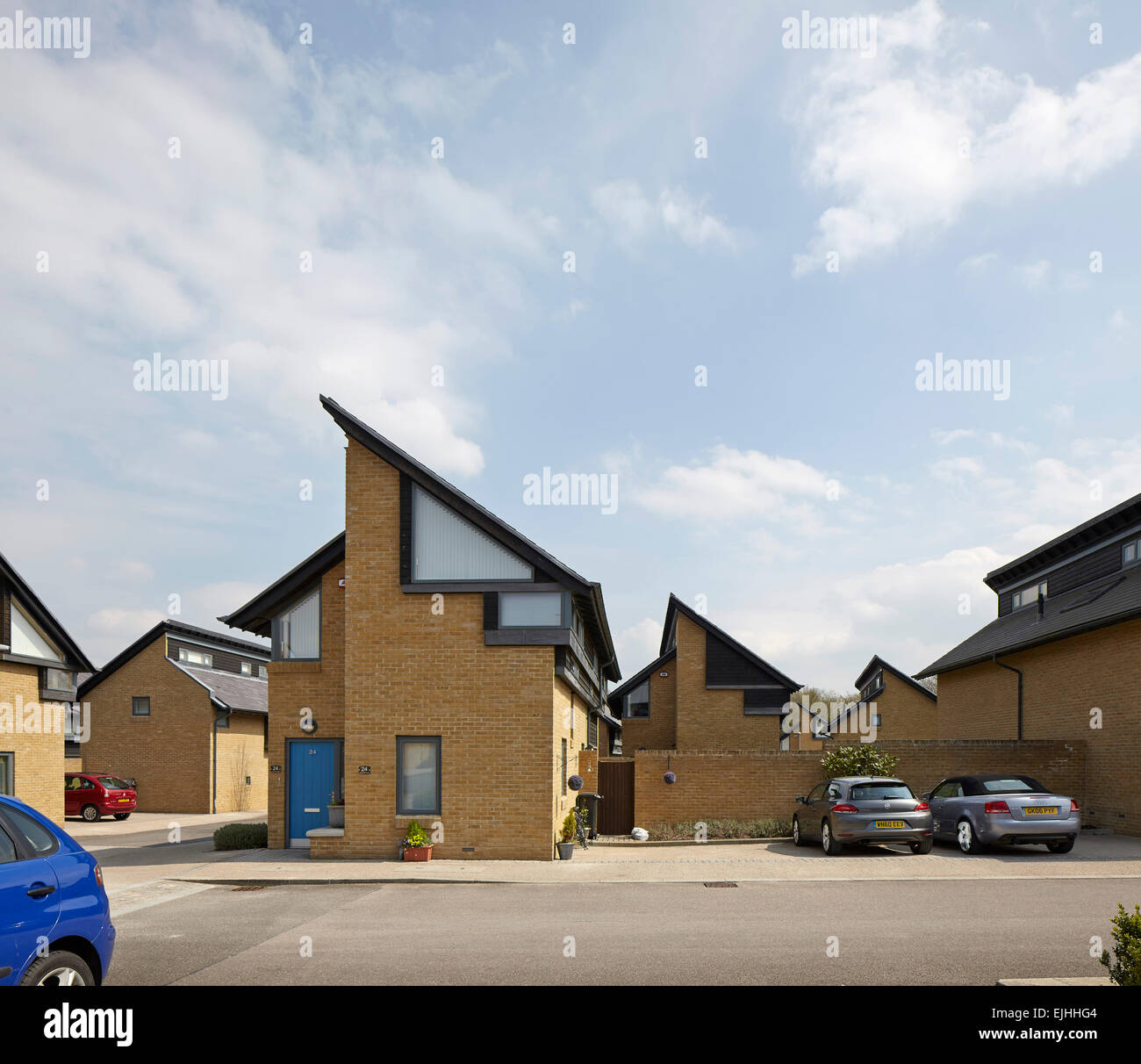 Street view and housing facade. Housing Newhall Harlow, Newhall, United