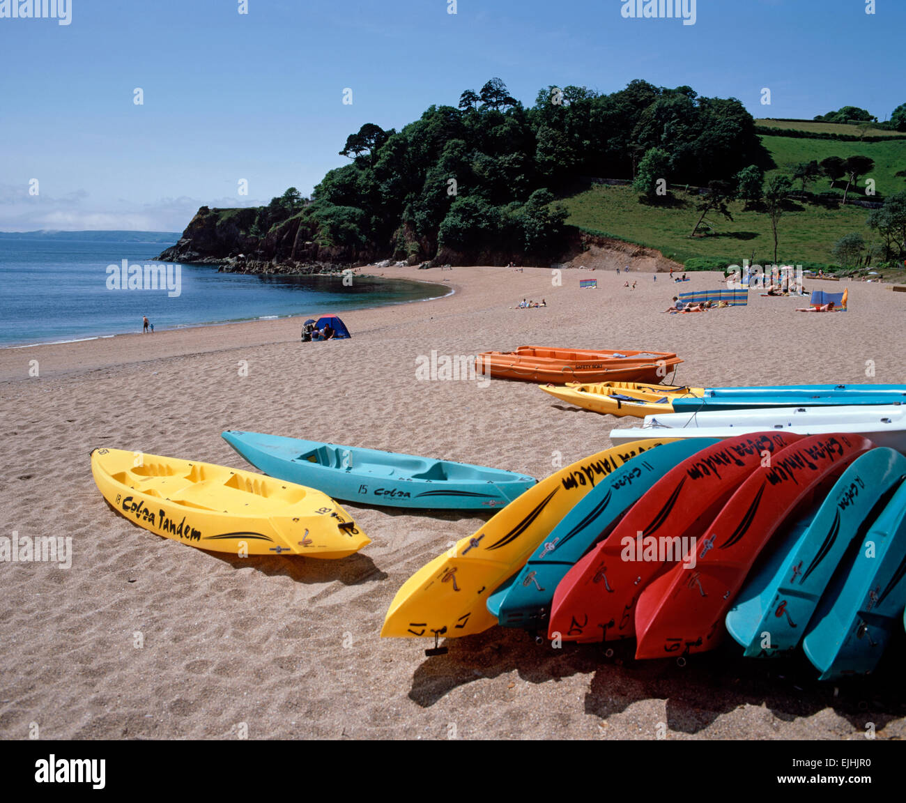Kayaks on Blackpool Sands, near Dartmouth, South Hams, South Devon, England. Stock Photo