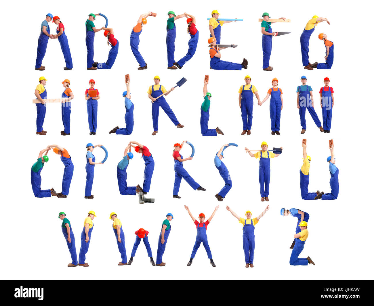 Alphabet formed from young people wearing industrial uniforms and helmets posing with various tools and accessories Stock Photo