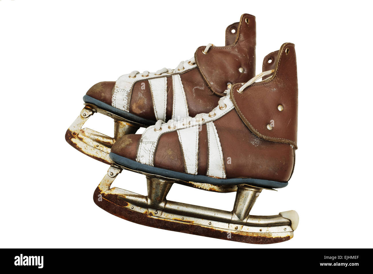 vintage pair of mens  ice skates on white background Stock Photo