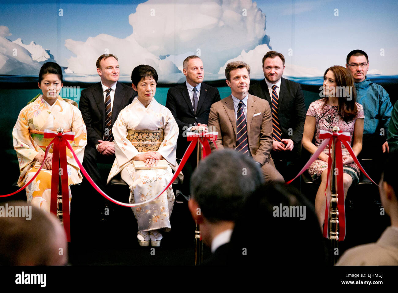 Tokyo, Japan. 27th March, 2015. (L to R) Princess Tsuguko of Takamado and her mother Princess Hisako Takamado of the Imperial House of Japan, His Royal Highness the Crown Prince Frederik Andre Henrik Christian and Her Royal Highness the Crown Princess Mary Elizabeth Donaldson attend the opening ceremony of the exhibition “The Spiritual Greenland” at Hillside Forum in Daikanyama on March 27, 2015, Tokyo, Japan. Credit:  Aflo Co. Ltd./Alamy Live News Stock Photo