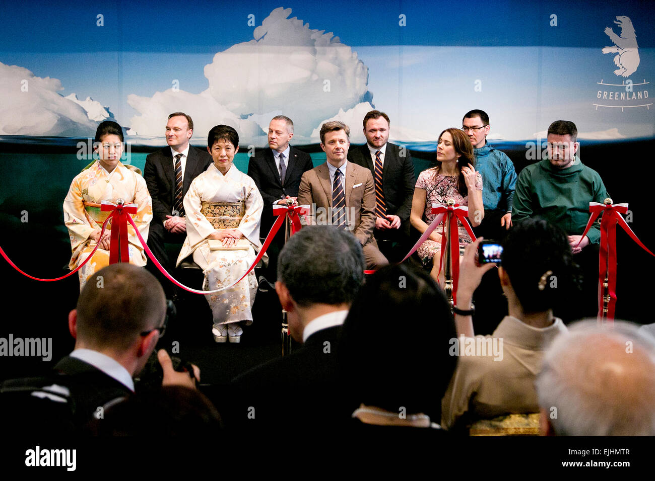 Tokyo, Japan. 27th March, 2015. (L to R) Princess Tsuguko of Takamado and her mother Princess Hisako Takamado of the Imperial House of Japan, His Royal Highness the Crown Prince Frederik Andre Henrik Christian and Her Royal Highness the Crown Princess Mary Elizabeth Donaldson attend the opening ceremony of the exhibition “The Spiritual Greenland” at Hillside Forum in Daikanyama on March 27, 2015, Tokyo, Japan. Credit:  Aflo Co. Ltd./Alamy Live News Stock Photo