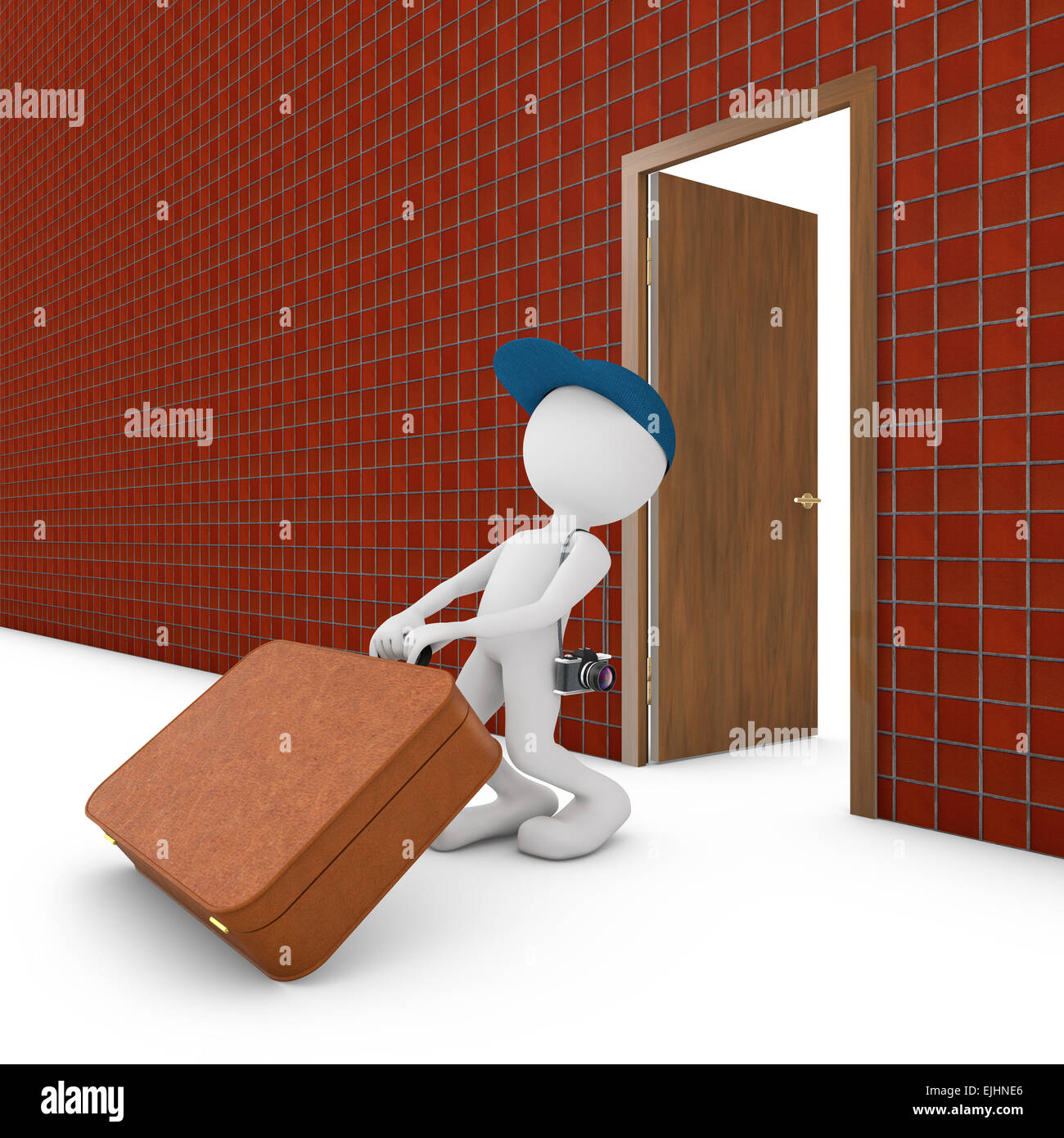 man with suitcase at the door 3d render Stock Photo Alamy
