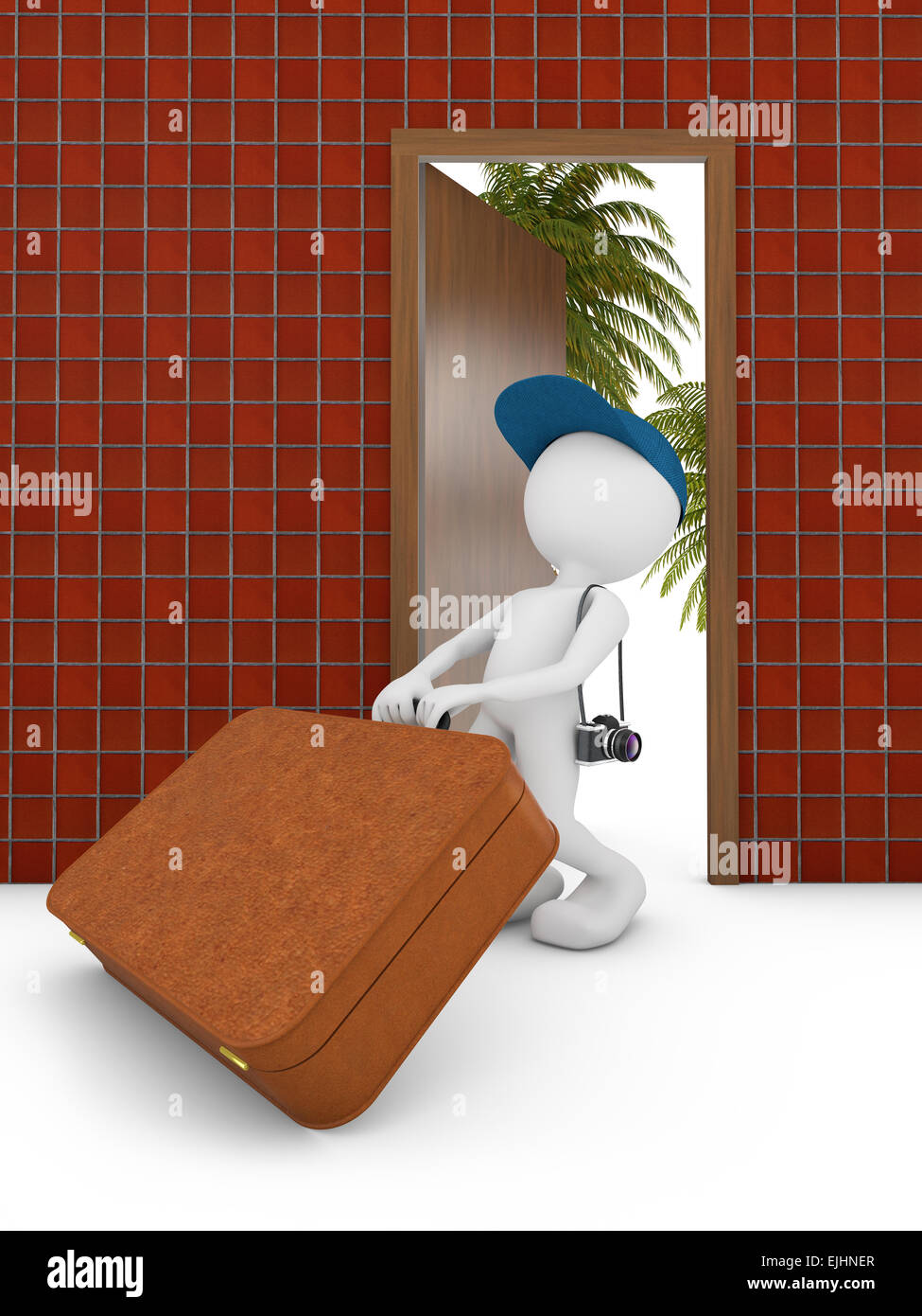 man with suitcase at the door 3d render Stock Photo Alamy