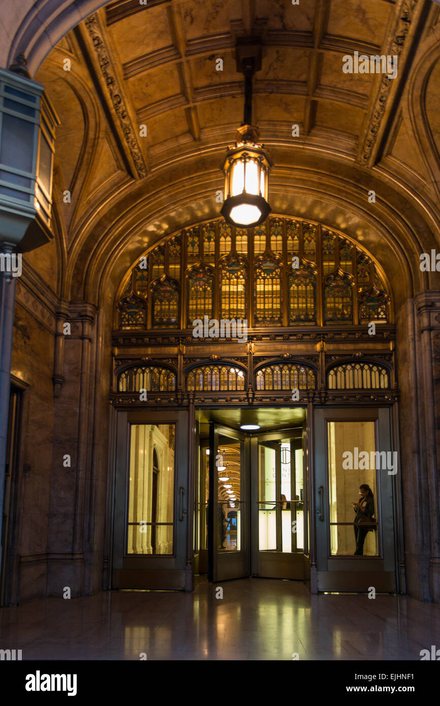 Detail of main entrance to Trinity Building on Broadway, New York City, USA Stock Photo
