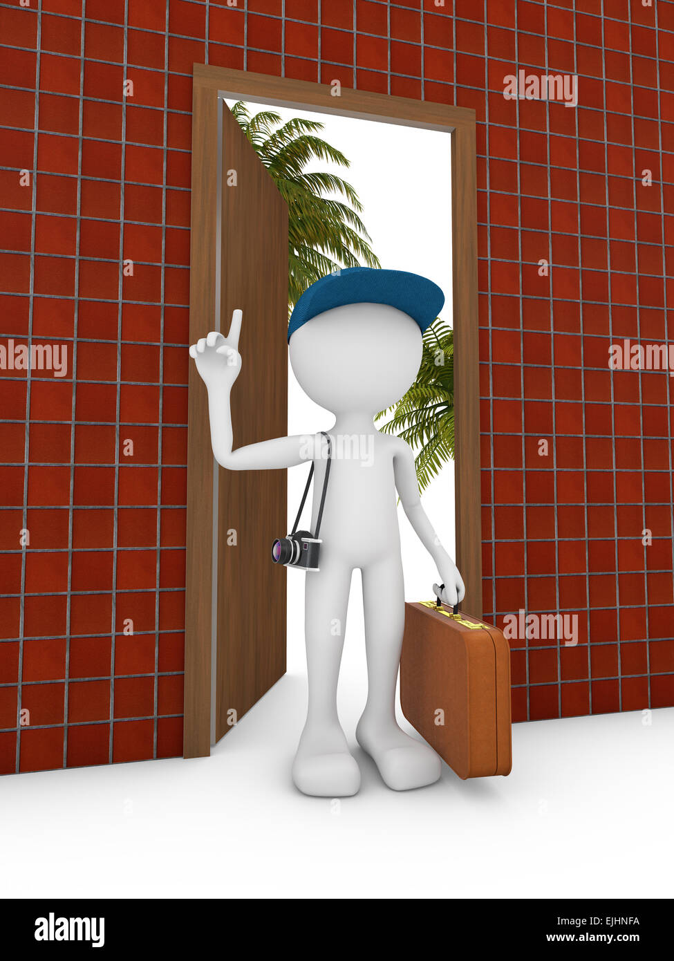 man with suitcase at the door 3d render Stock Photo Alamy