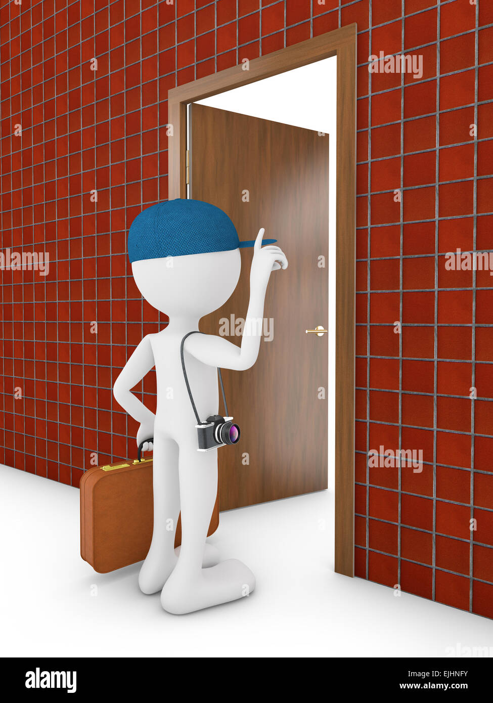 man with suitcase at the door 3d render Stock Photo Alamy