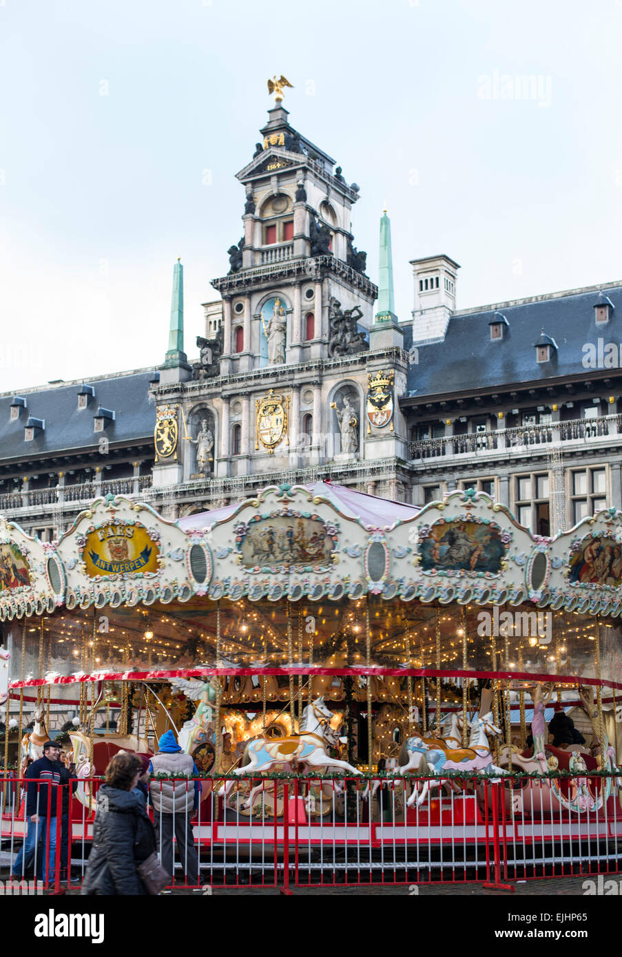 Carousel in Antwerp, Belgium, main square at Christmas Stock Photo