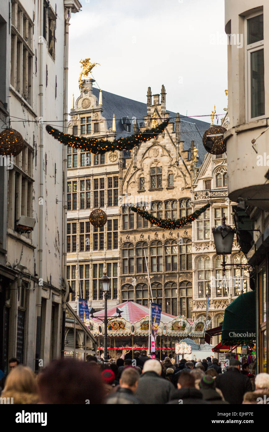 Carousel in Antwerp, Belgium, main square at Christmas Stock Photo