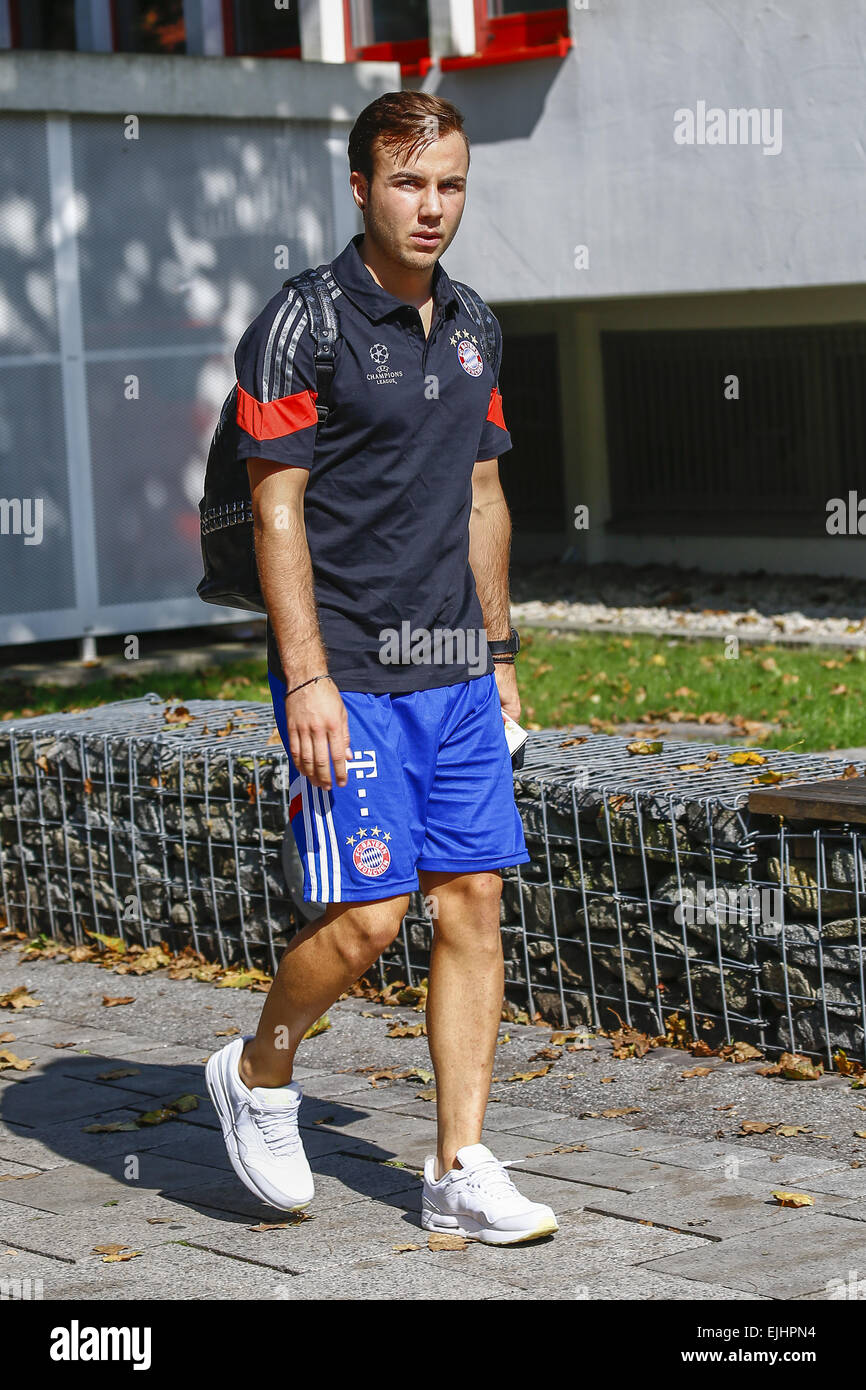 Mario Götze arrives at training ground at Säbener Straße Featuring: Mario Goetze Where: Berlin, Germany When: 16 Sep 2014 Stock Photo