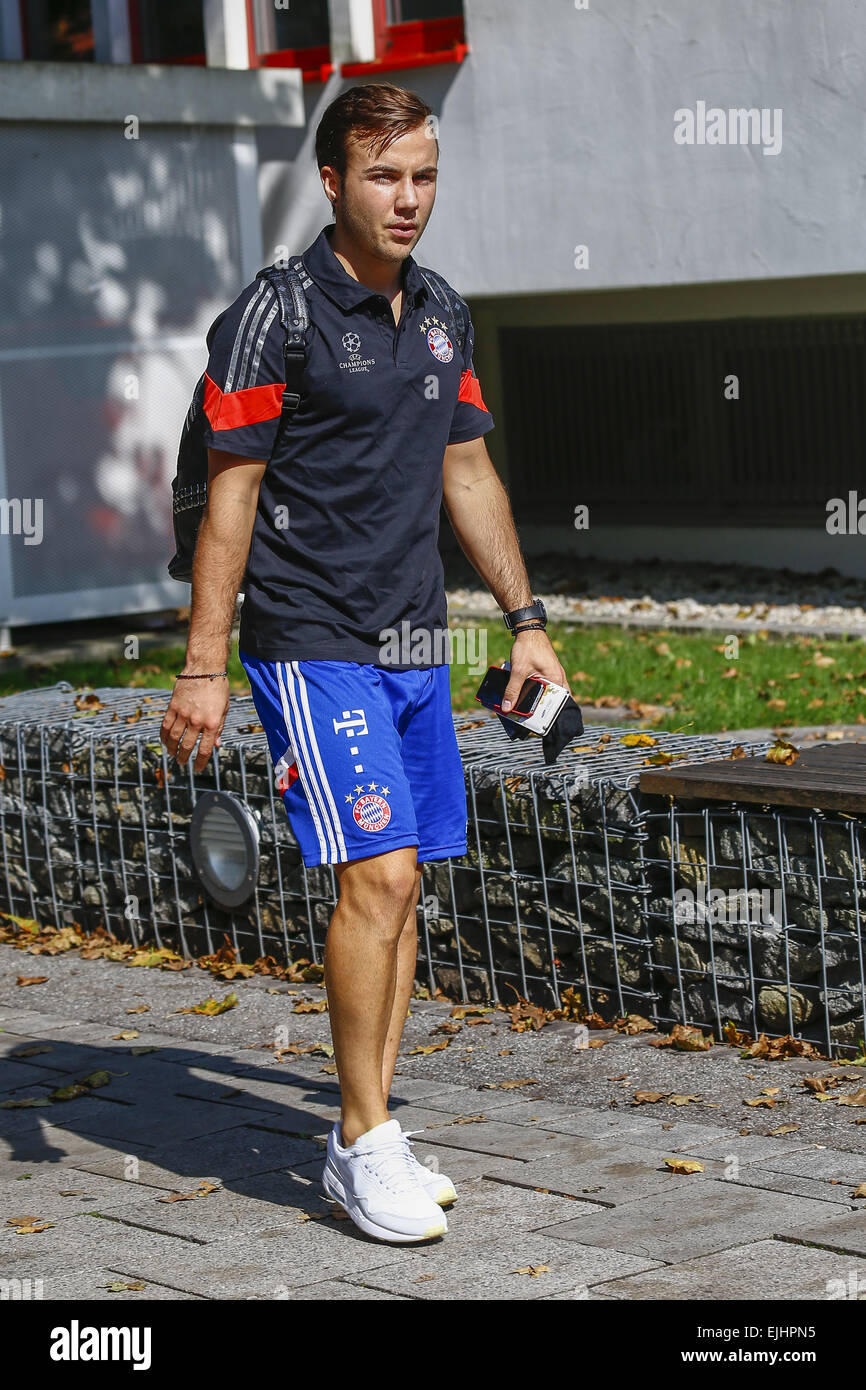 Mario Götze arrives at training ground at Säbener Straße Featuring: Mario Goetze Where: Berlin, Germany When: 16 Sep 2014 Stock Photo