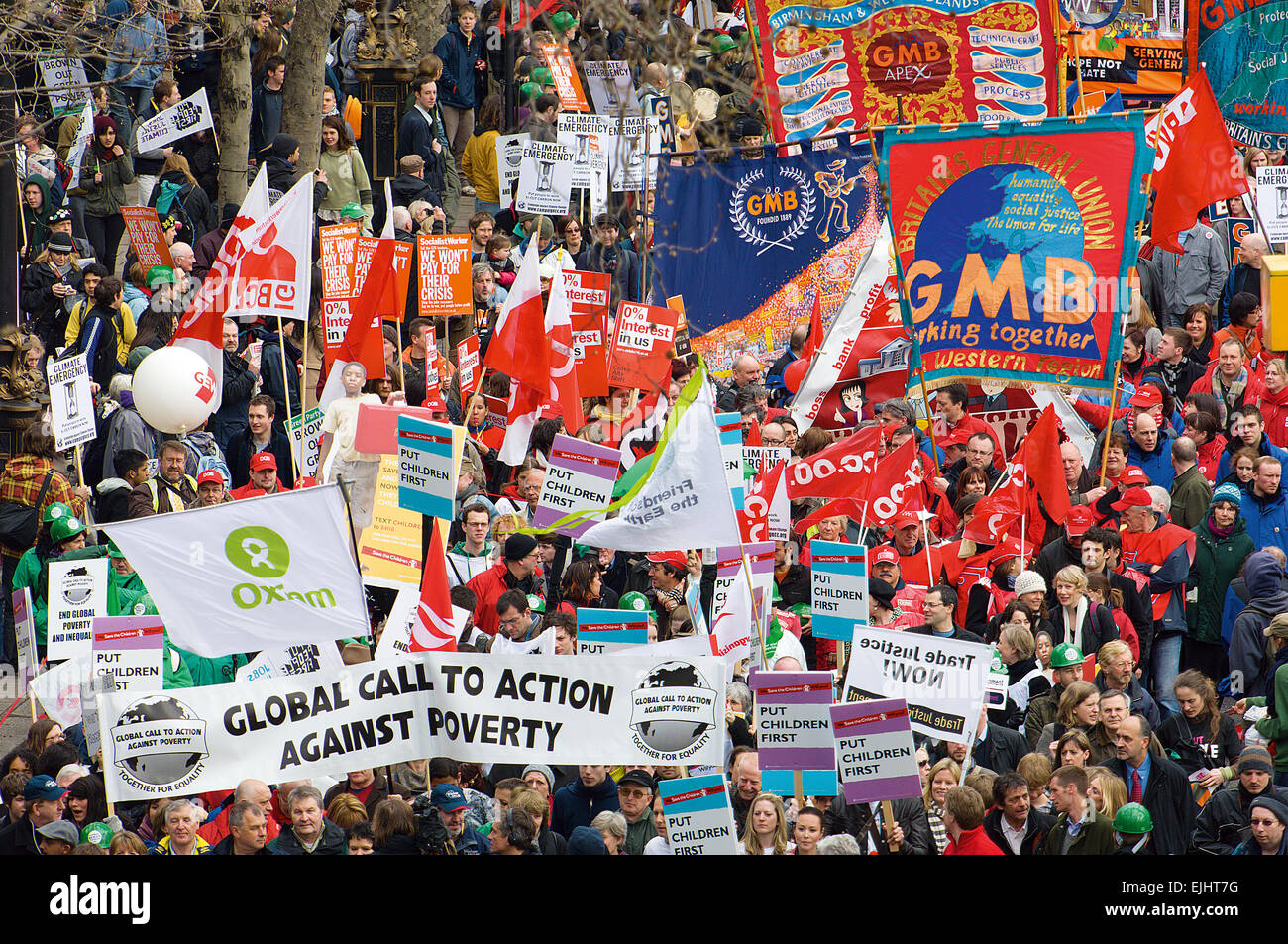 The Put People First demo was about  fair distribution of wealth, decent jobs for all and low carbon emissions. Stock Photo