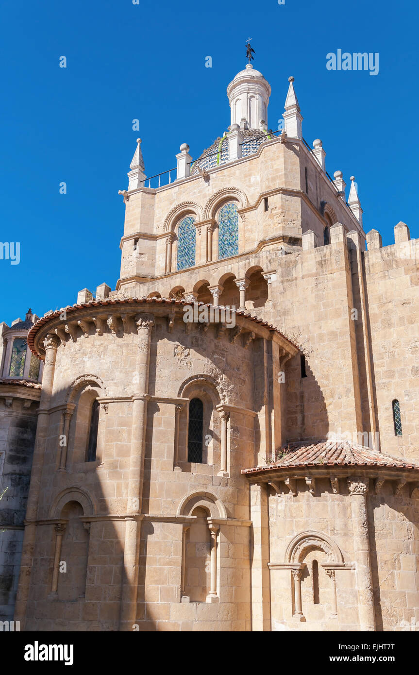 View of the Eastern facade of the Old Cathedral of Coimbra (Se Velha de Coimbra) in Portugal Stock Photo