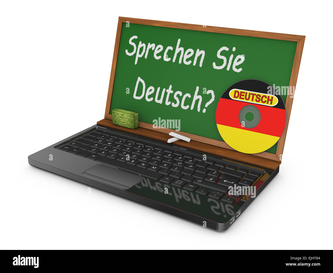 Laptop with CD and chalk board instead of the screen on which is written - Do you speak German? Stock Photo