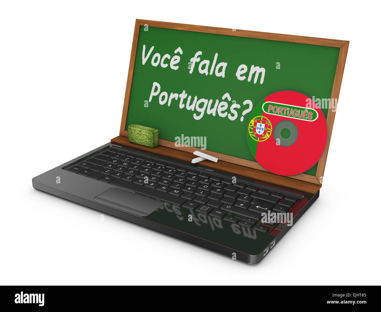Laptop with CD and chalk board instead of the screen on which is written - Do you speak Portuguese? Stock Photo