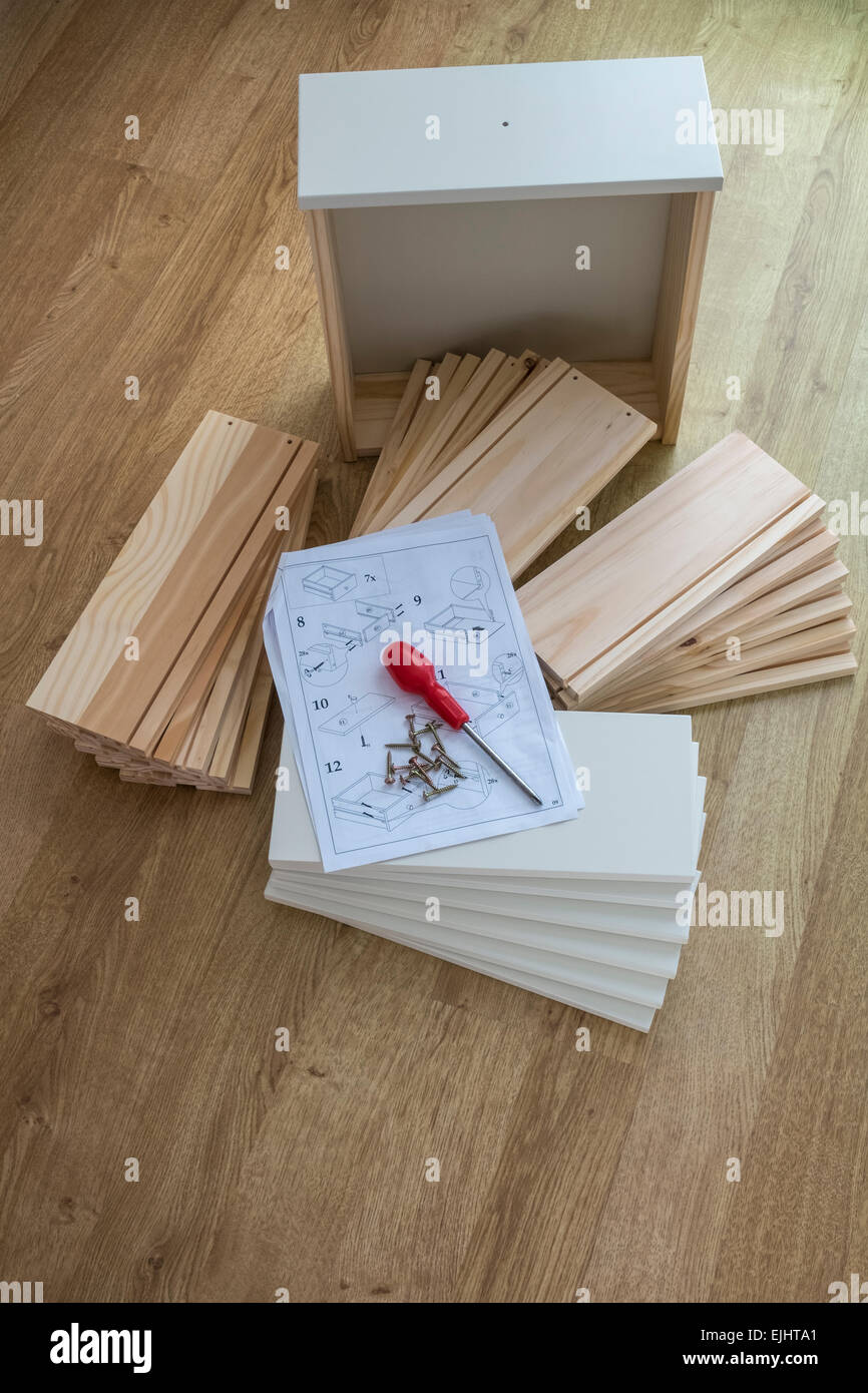 Do It Yourself drawer parts, with instructions for assembly Stock Photo