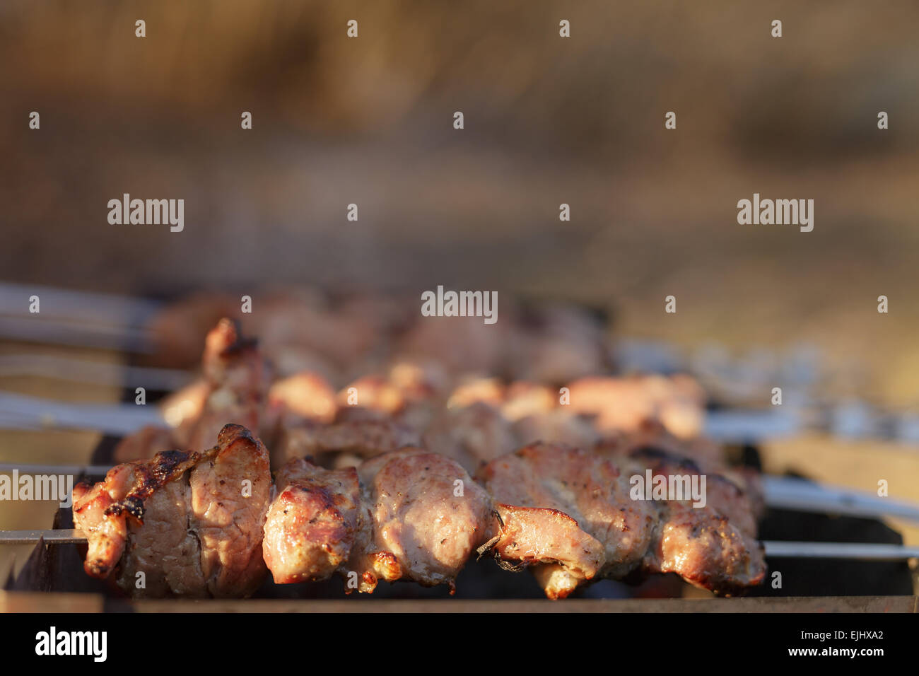 cooking pork shashlik on skewer in mangal outdoor food Stock Photo