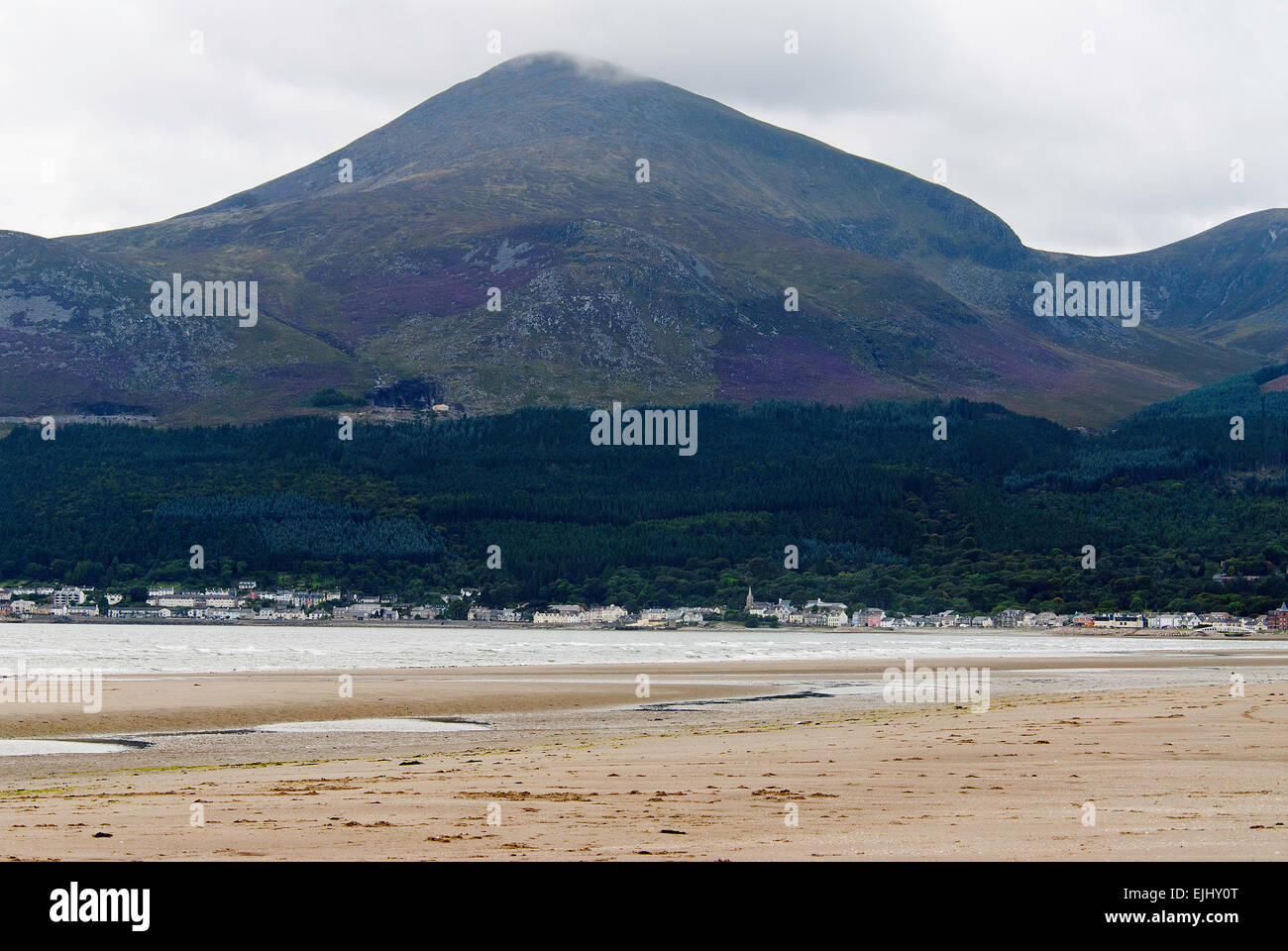 Newcastle, Northern Ireland and Slieve Donard Mountain from the beach at Murlough Nature Reserve, Country Down, Northern Ireland Stock Photo