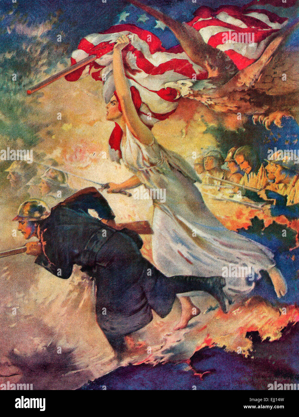 'Carry On!' - a soldier charges with a gun while Columbia with a sword charges next to him.  An illustration glorifying America's involvement in World War I, 1917 Stock Photo