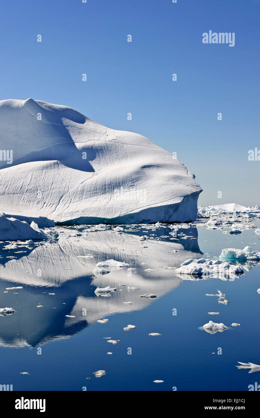 Huge icebergs calved by the Jakobshavn glacier, and may stay in the icefjord for years. Stock Photo