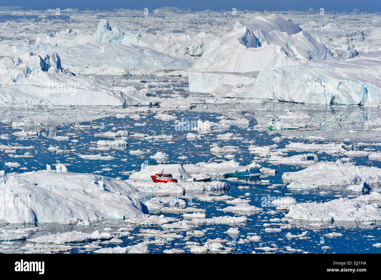 View overlooking the icefjord of the Jakobshavn glacier, outside Illulisat, Greenland. These icebergs are calved by the Jakobsha Stock Photo