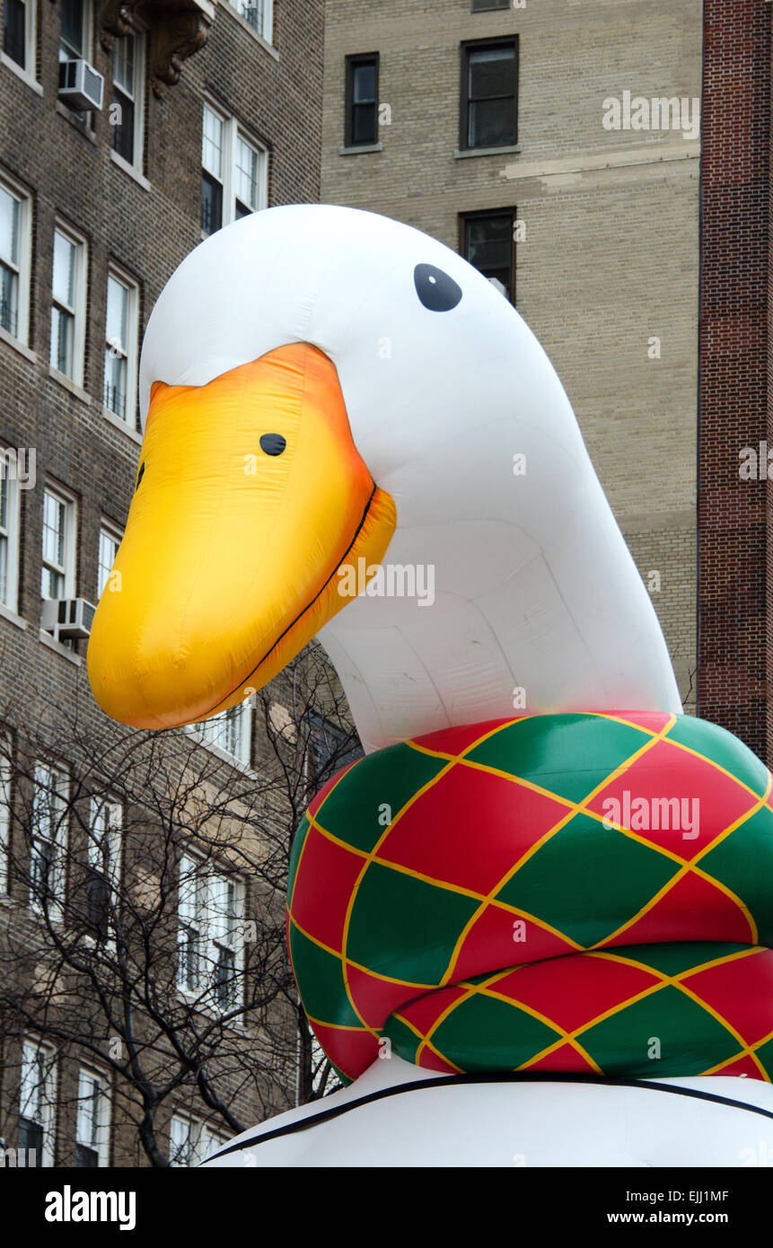 The Aflac Duck balloon being inflated on the day before the 87th Annual Macy’s Thanksgiving Day parade, New York City, USA Stock Photo