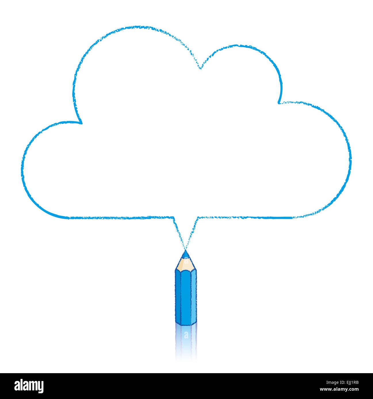 Blue Pencil with Reflection Drawing Cloud Shaped Speech Bubble on Grey Background Stock Photo