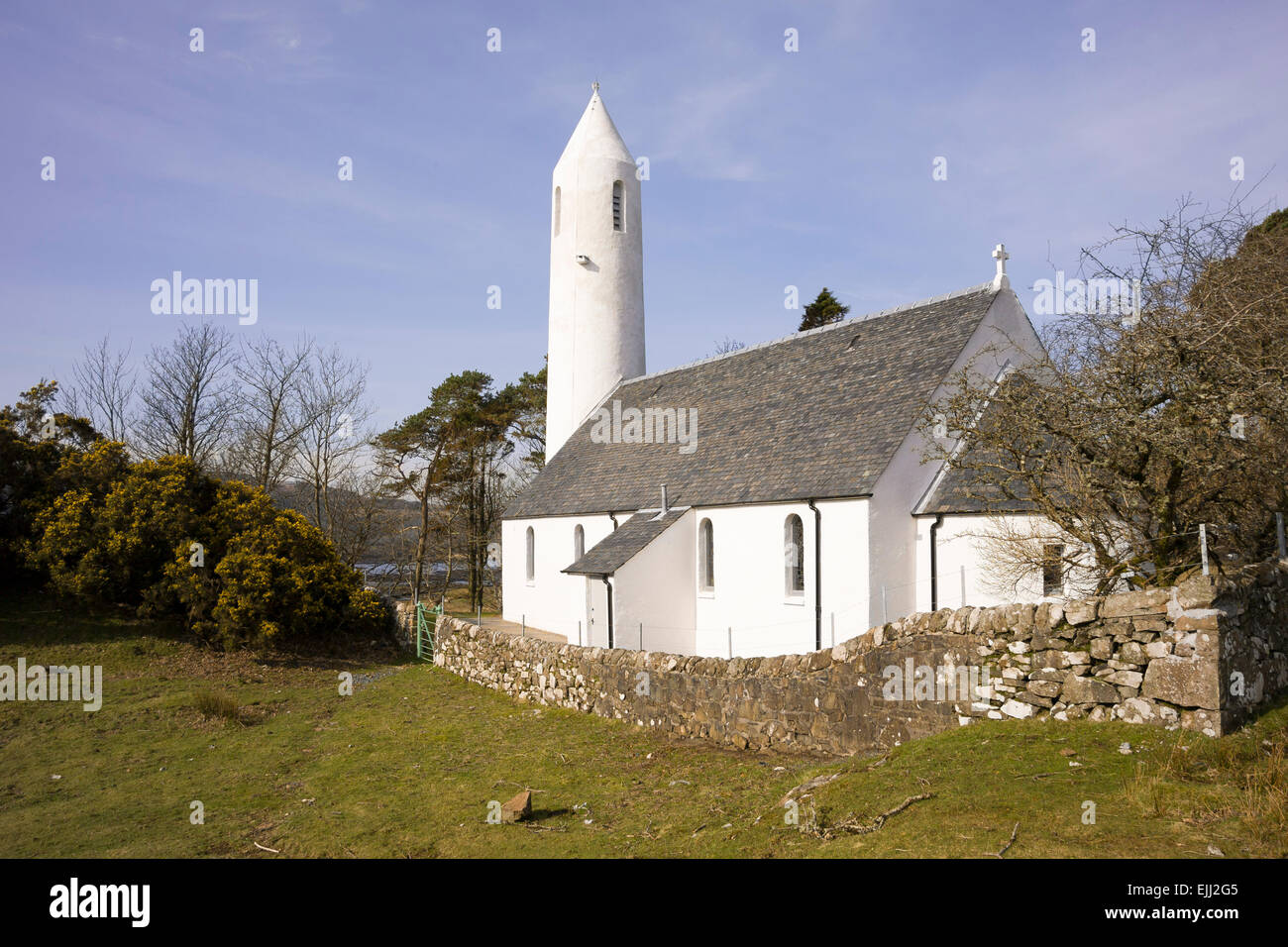 dervaig church with pencil spire isle of mull Stock Photo