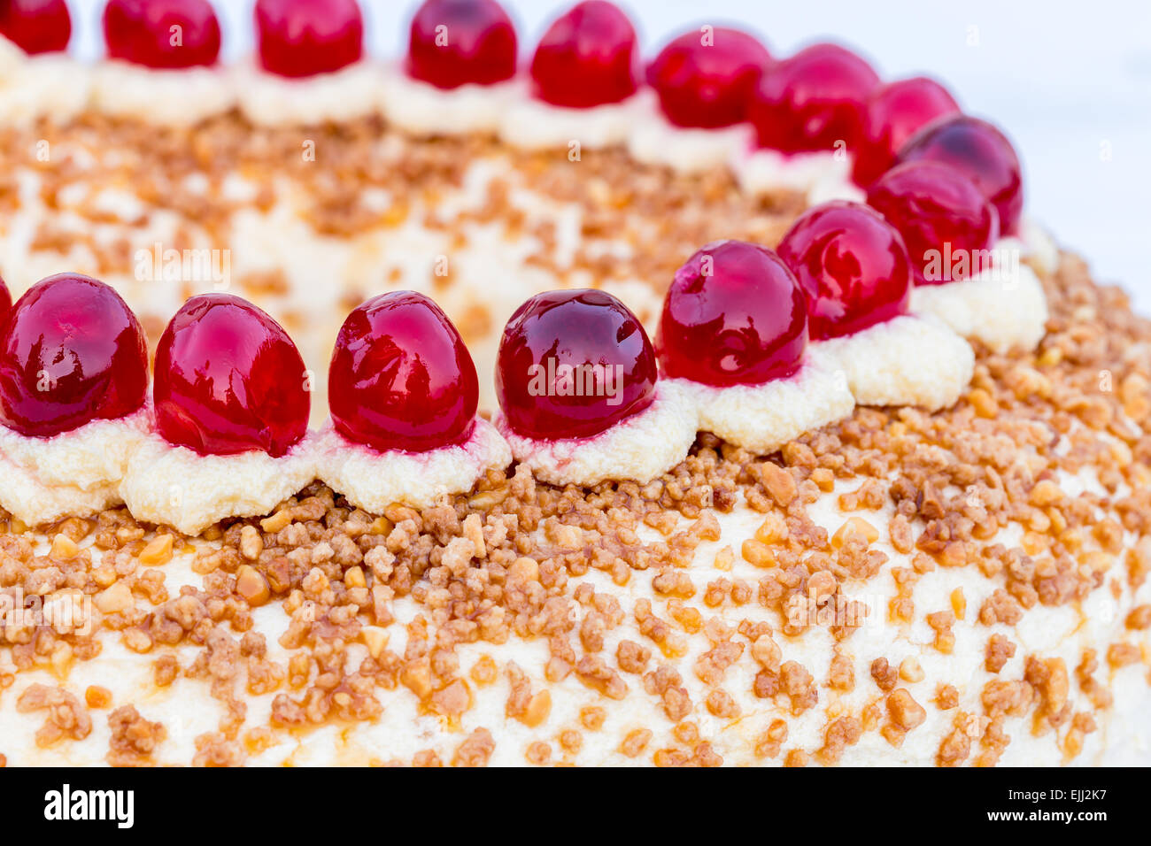 Frankfurter Kranz with cherries in detail. Stock Photo