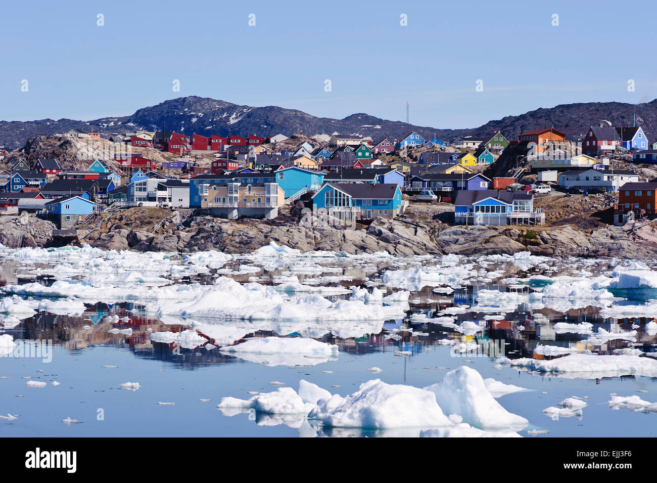 ILLULISAT, QAASUITSUP / GREENLAND - JUNE 17:  view from the sea of Illulisat, Greenland, on 27th June, 2013 Stock Photo