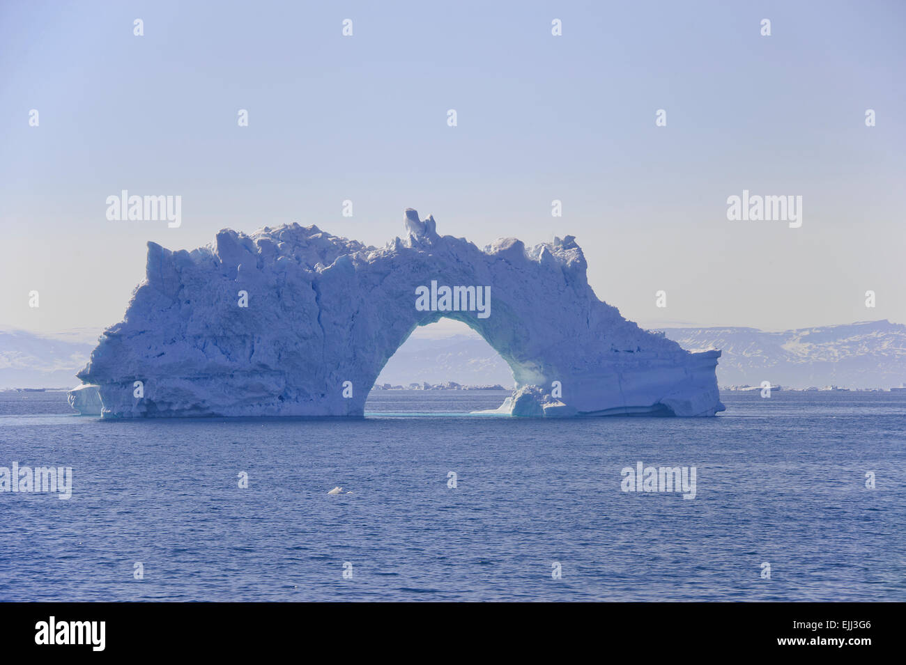 Iceberg with an arch floating in Disko Bay. These icebergs are calved by the Jakobshavn glacier. Stock Photo
