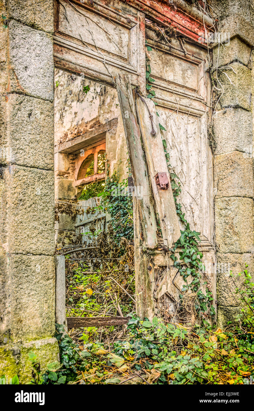 Broken door and old abandoned house with plants growing inside, France, Brittany Stock Photo