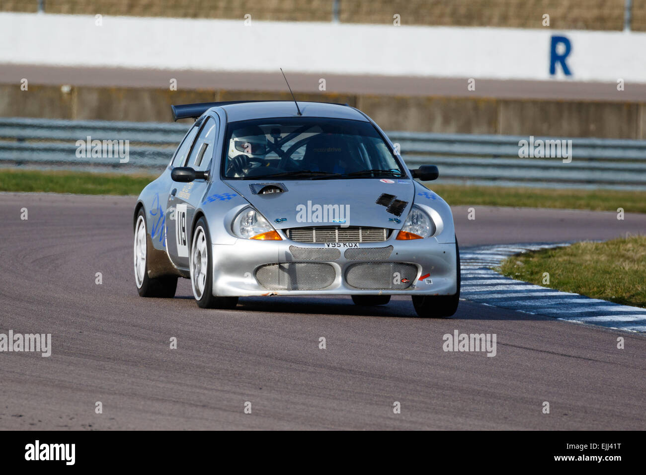 A car taking part in the BARC sprint at Rockingham Motor Speedway. Stock Photo