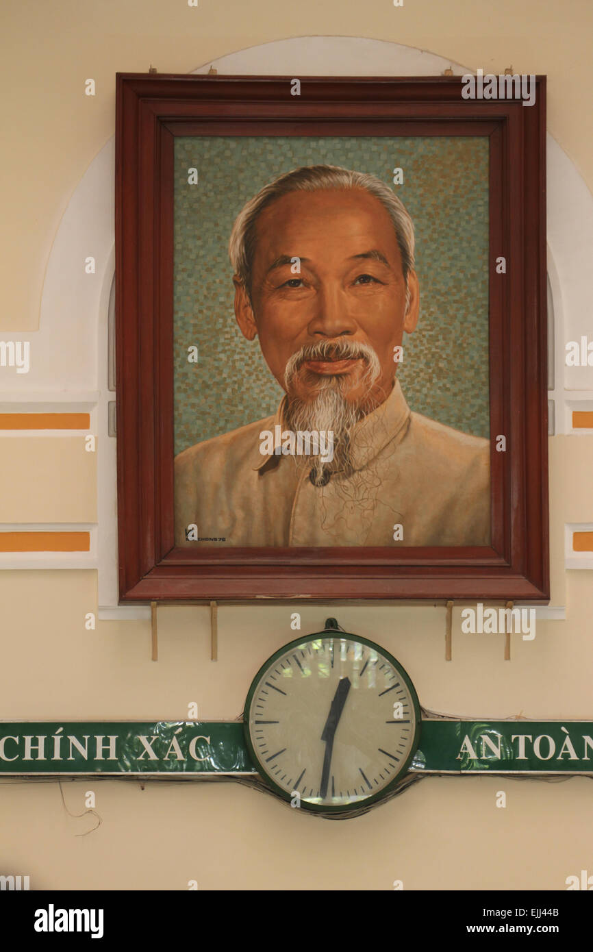 Interior of the Saigon post office with a large portrait of Ho Chi Minh. Ho Chi Minh was a Vietnamese Communist revolutionary leader who was prime minister (1945–55) and president (1945–69) of the Democratic Republic of Vietnam (North Vietnam). Credit: David Mbiyu/ Alamy Live News Stock Photo