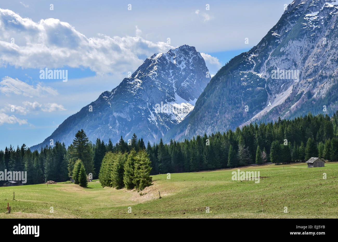 Panoramic view on the Leutasch valley - Olympiaregion Seefeld Stock Photo