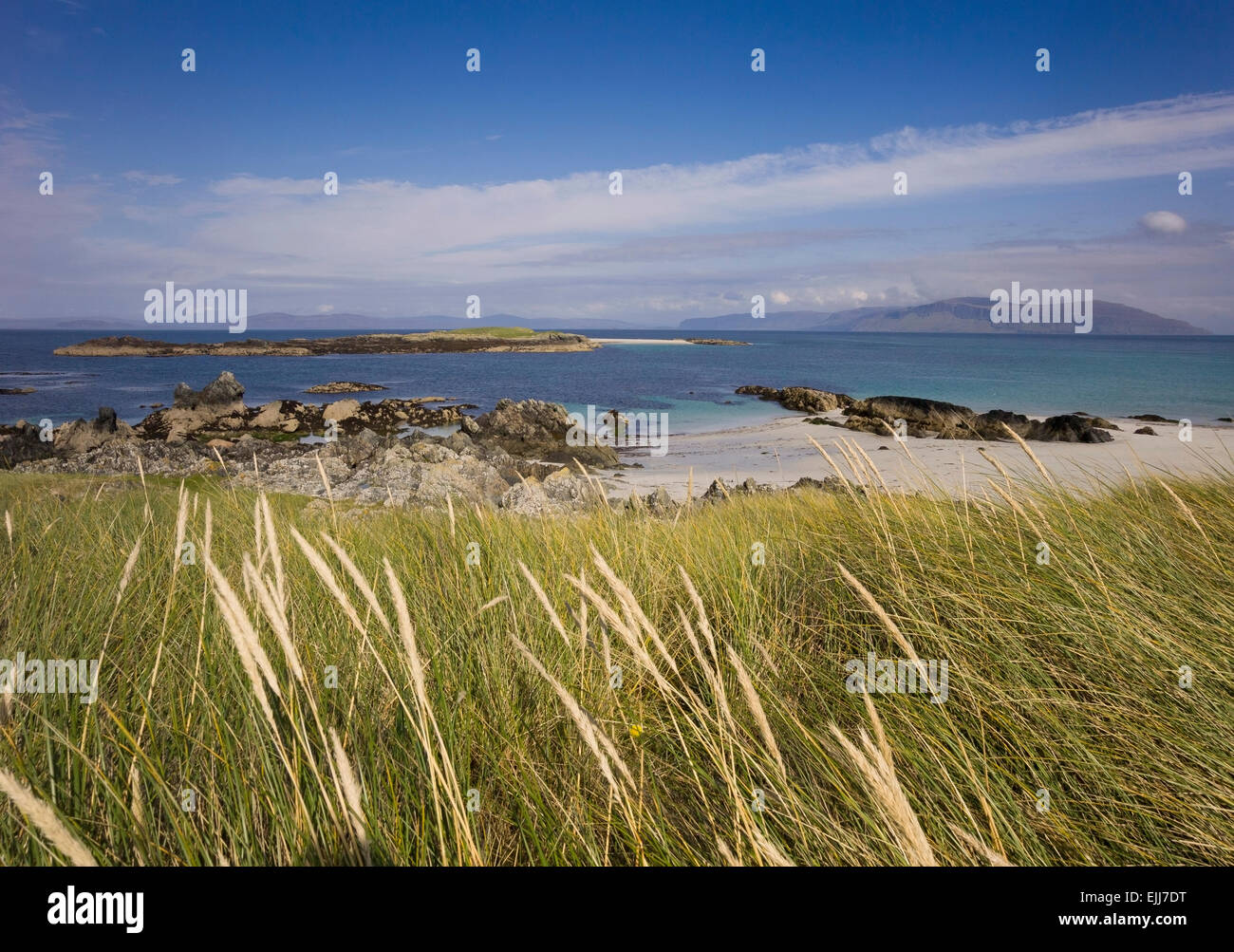 dunes and marran grass on beach at north end of iona in summer colours Stock Photo